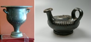 South Italian, black bell Krater 330 BC, courtesy Collector-Antiquities and Apulian Greek guttus, 200 BC